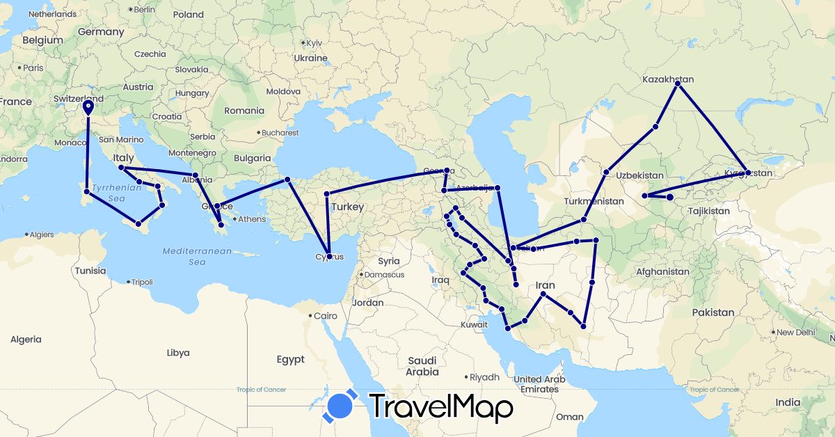 TravelMap itinerary: driving in Albania, Armenia, Azerbaijan, Cyprus, Georgia, Greece, Iran, Italy, Kyrgyzstan, Kazakhstan, Turkmenistan, Turkey, Uzbekistan, Vatican City (Asia, Europe)